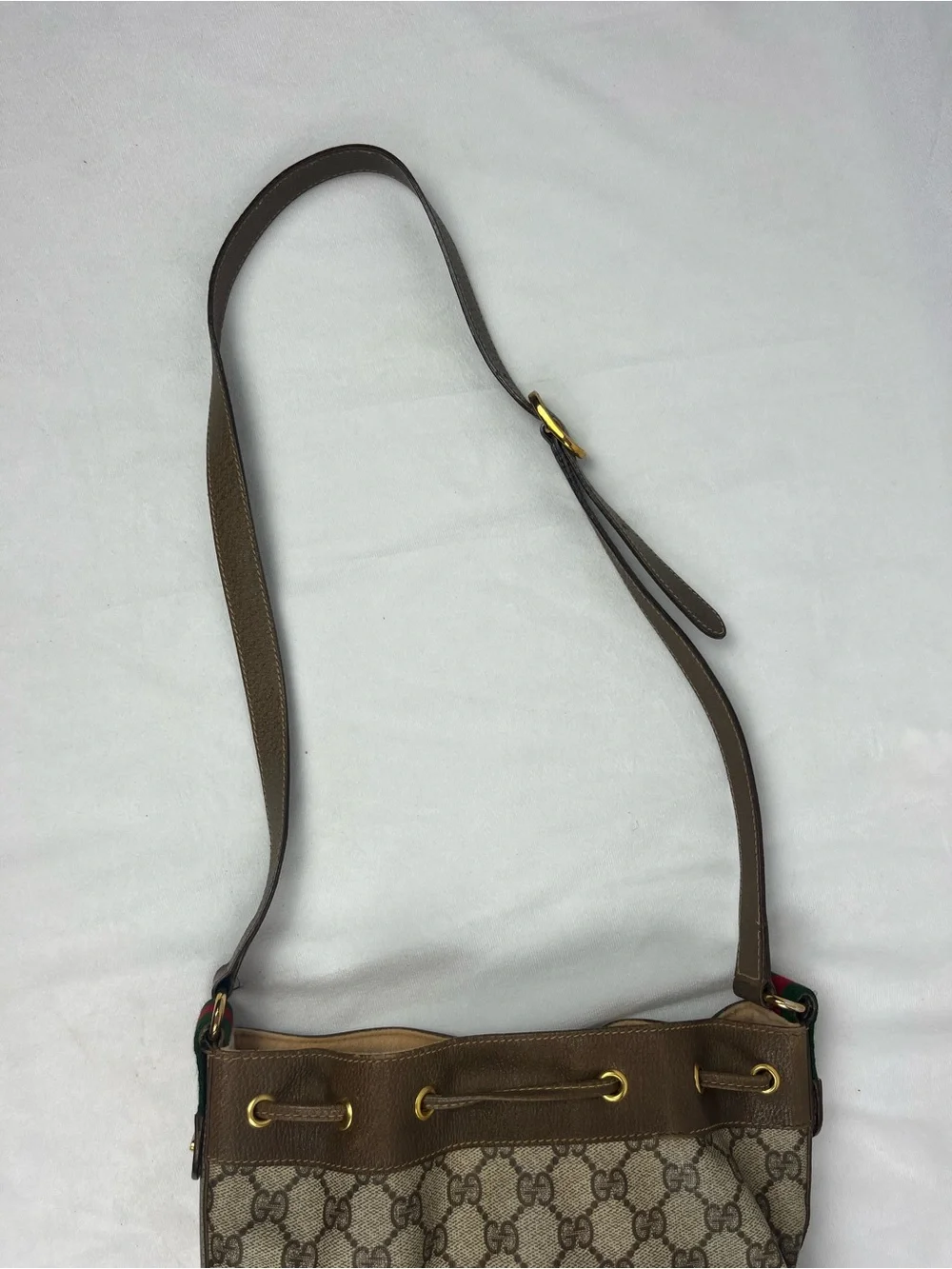 GUCCI Sherry Line Drawstring Shoulder Bag & Dustbag GG Brown Monogram VTG Italy - Picture 8 of 16